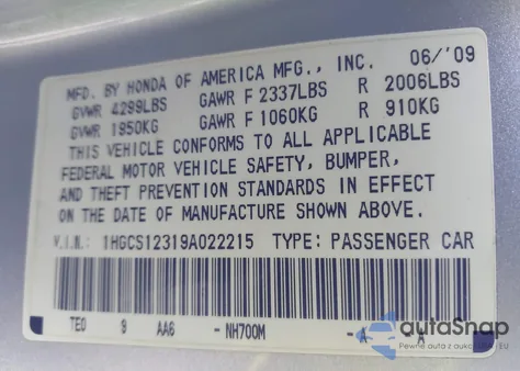 2009 Honda Accord 2.4 Lx-S z USA, uszkodzony, nr VIN 1HGCS12319A022215